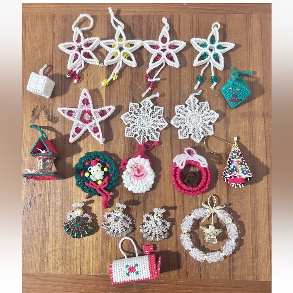 VTG Handmade Christmas Ornaments Crochet Plastic Canvas Beaded Sequin Kitsch LOT